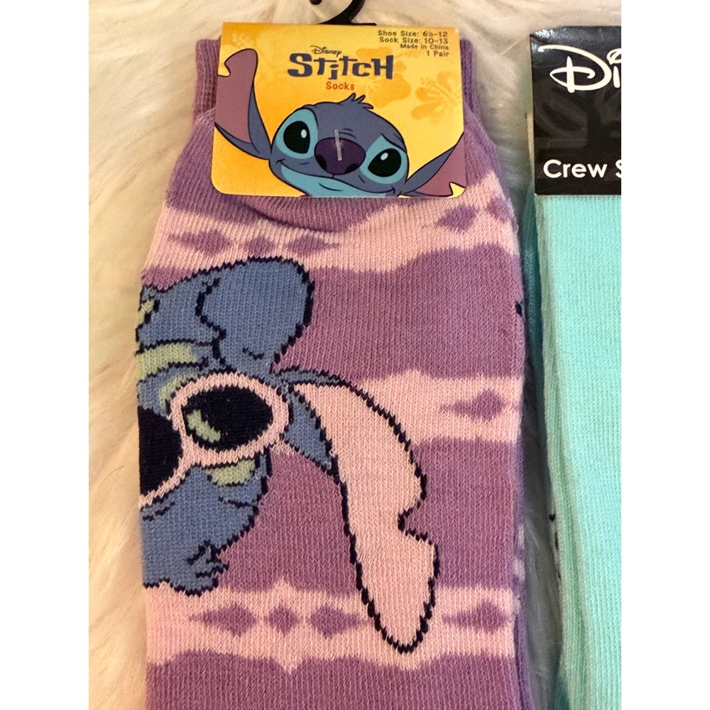 Disney Lilo & Stitch Crew Socks Bundle Purple Striped & Mint I Bite 2 Pairs NEW - Picture 11 of 12